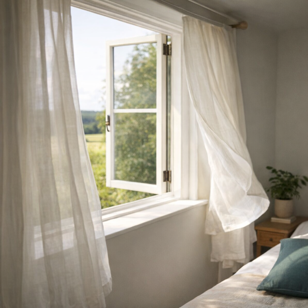 Open window and curtains letting fresh air into a room after cleaning