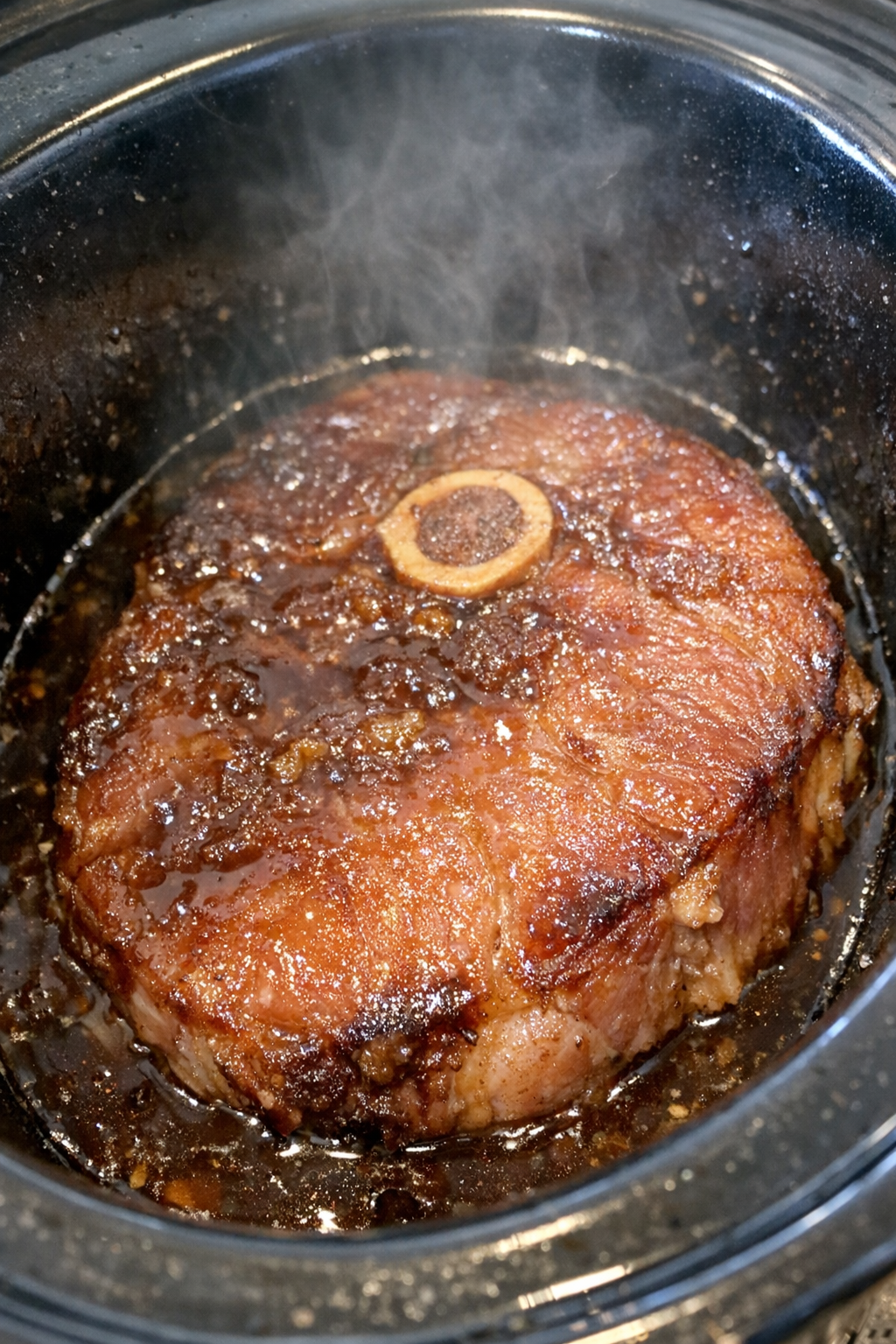 Slow cooker glazed ham steak in the cooker