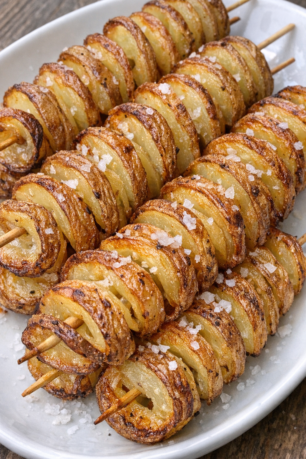 Golden crispy twisted potato spirals on a white platter