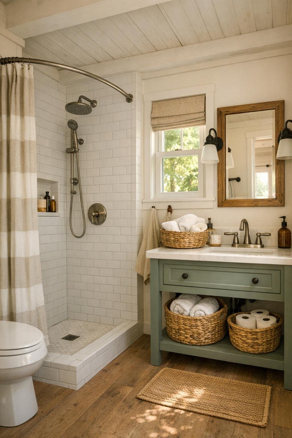 Bright tiny home bathroom with white tile shower and painted wood vanity