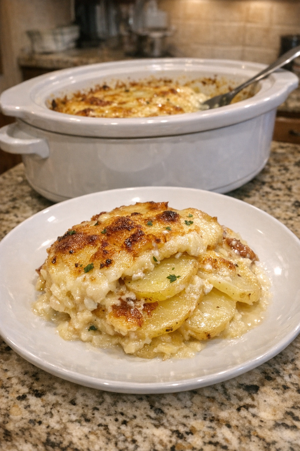 Finished plated potato gratin with creamy layers and golden edges