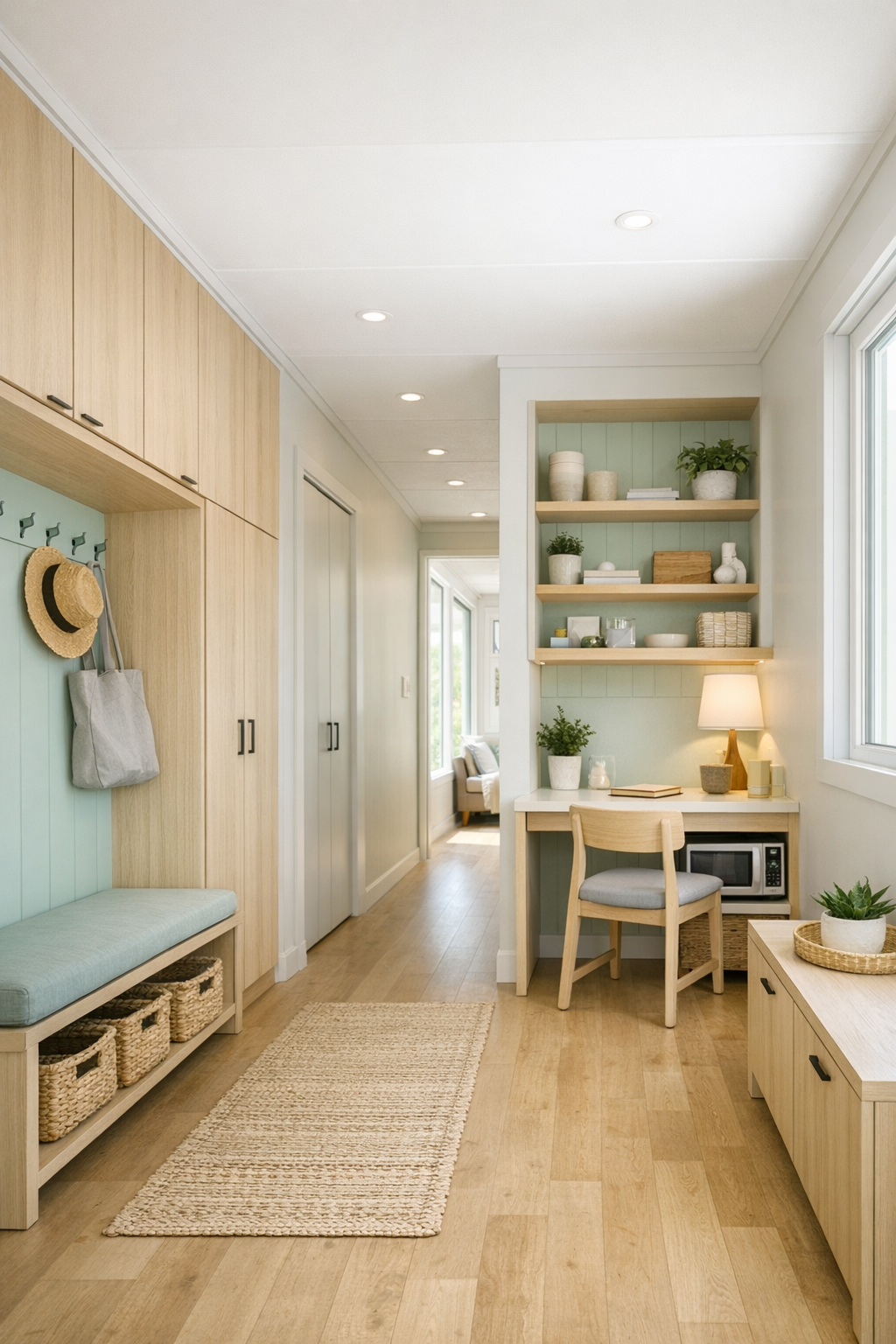 Wide hallway and multifunctional nook with built-in storage and soft natural light