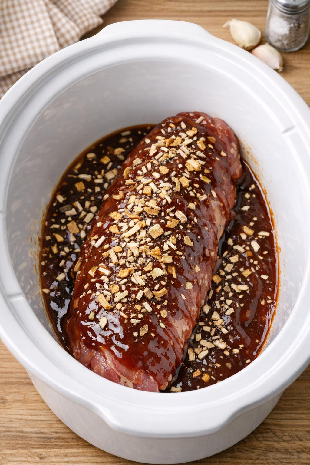 Pork tenderloin topped with onion soup mix and barbecue sauce