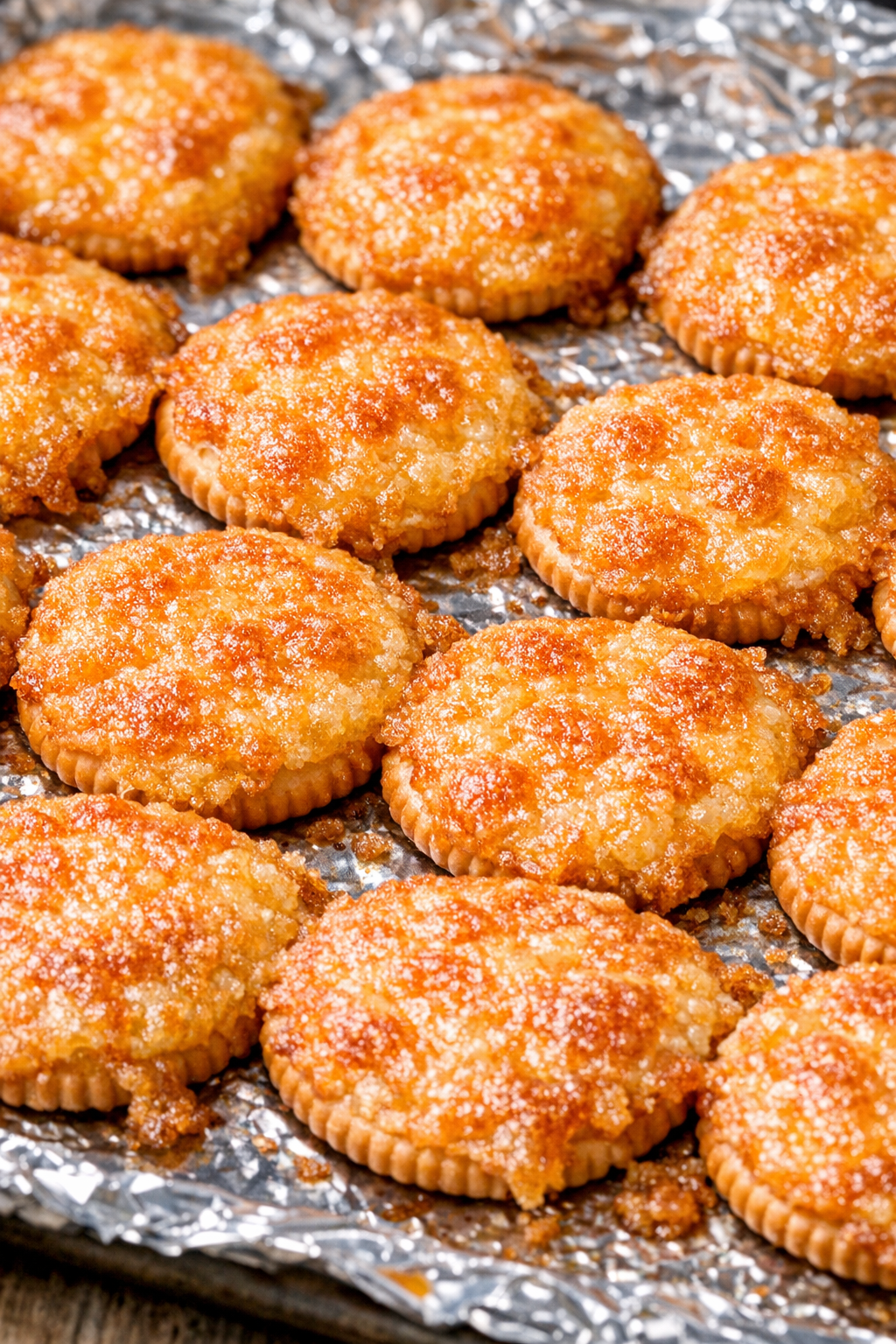 Southern 3-ingredient crispy cheddar pennies on a foil-lined baking tray