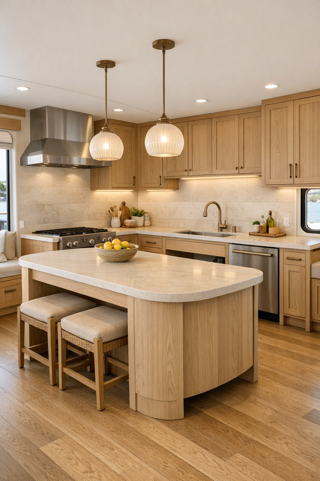 Barrier-free Mediterranean kitchen with white oak cabinetry and limestone surfaces
