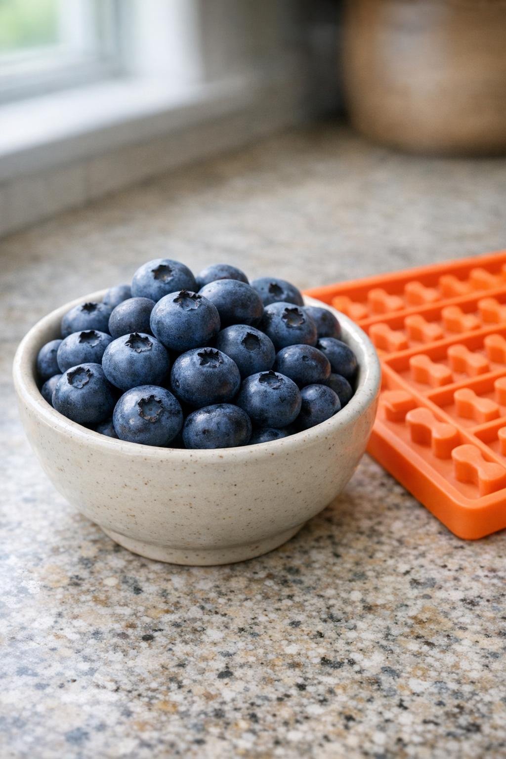 Fresh blueberries in a small bowl beside a dog treat mat