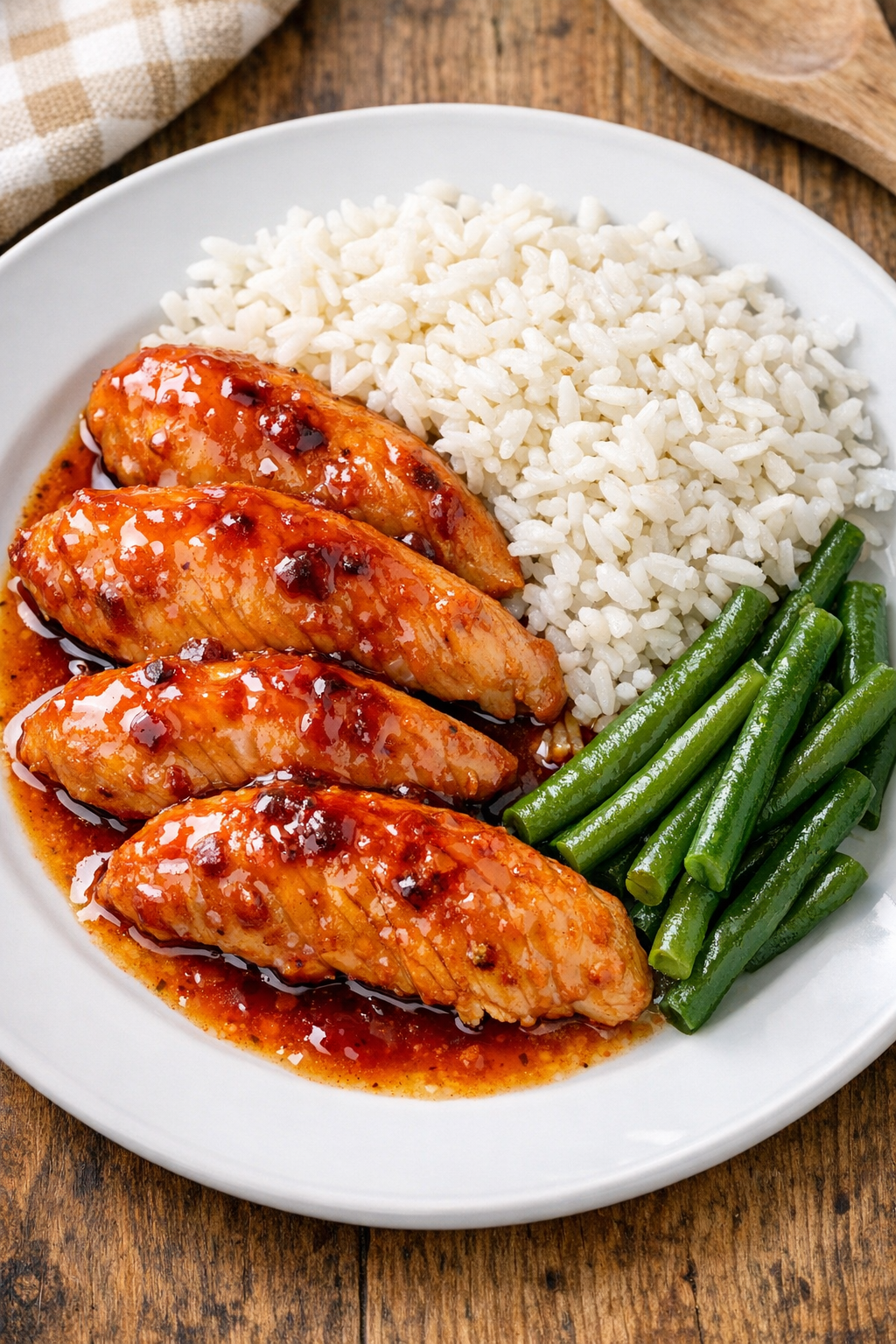 Finished plated slow cooker chicken with glossy orange-red sauce