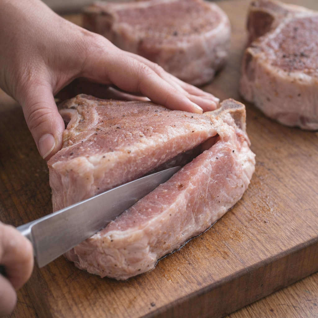 Pork chop being sliced to form a stuffing pocket