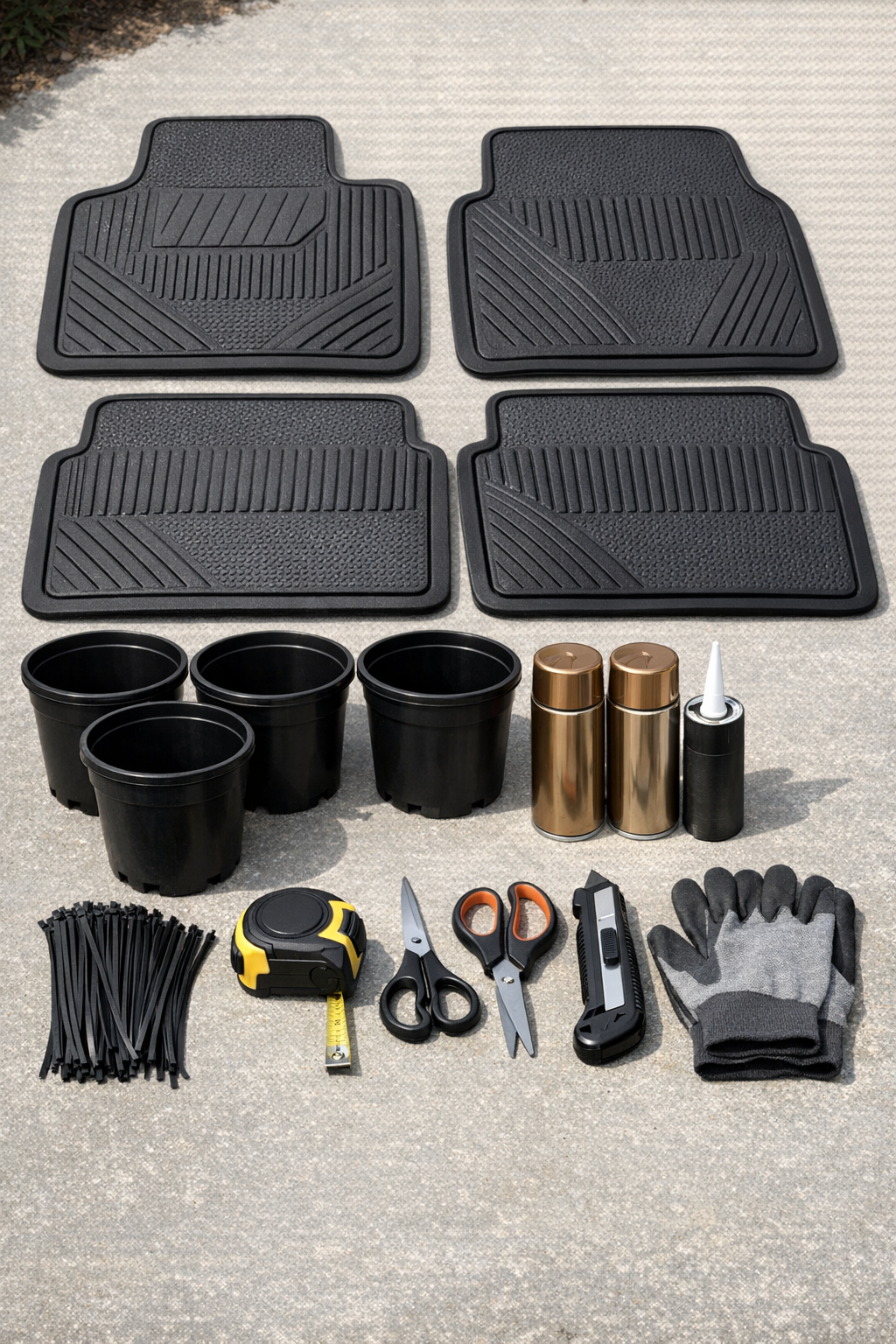 Materials for bronze porch planter project laid out together