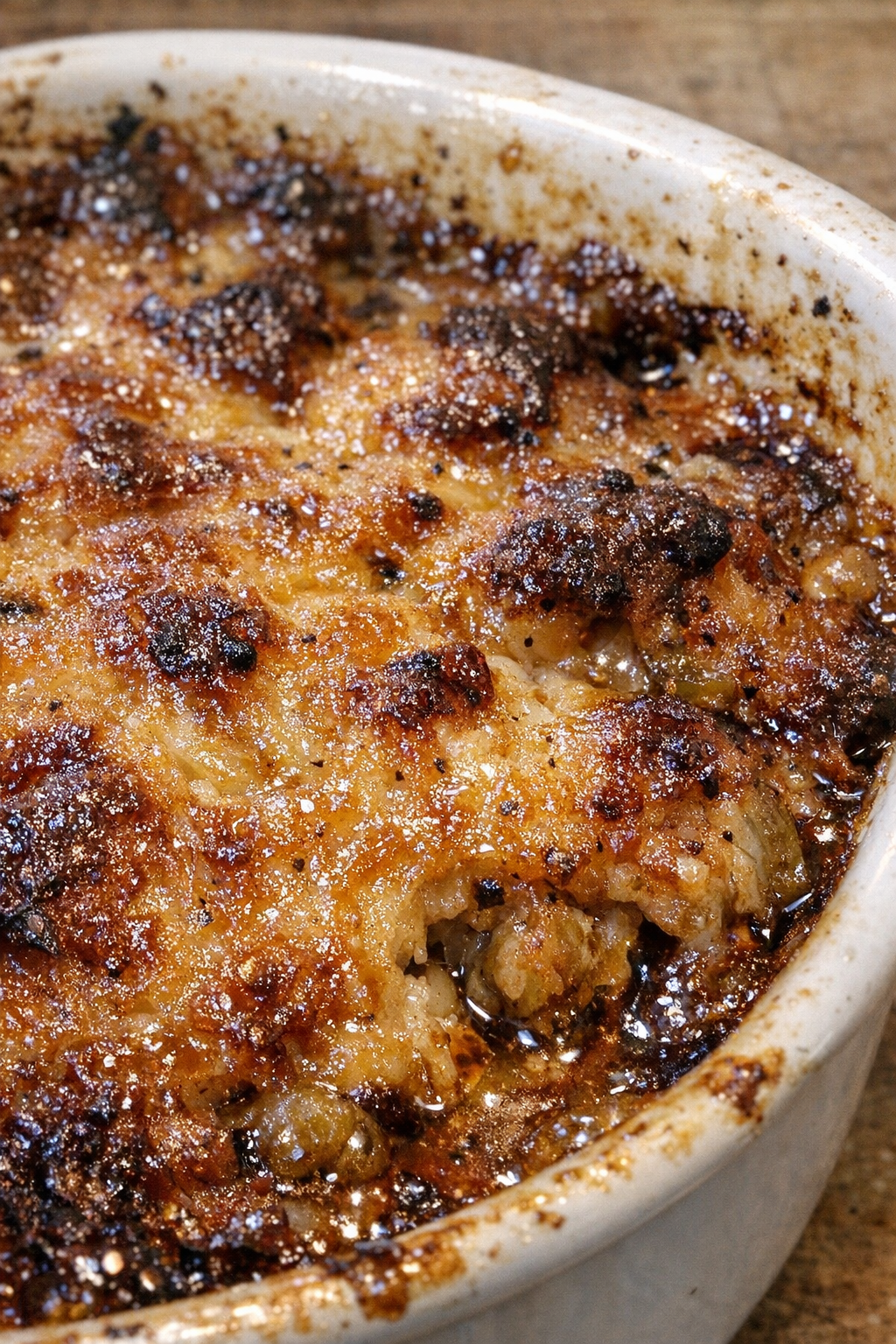 Bubbling glazed roasted crust bake in a ceramic dish