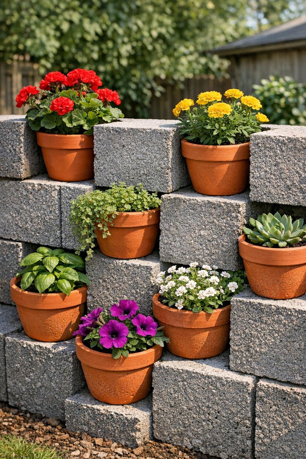 Finished cinder block planter wall with terracotta pots