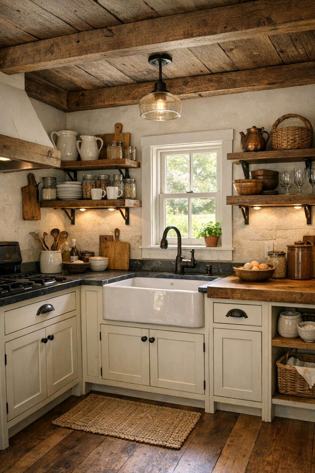 Handcrafted tiny home kitchen with shaker cabinets, butcher block counters, and an apron-front sink