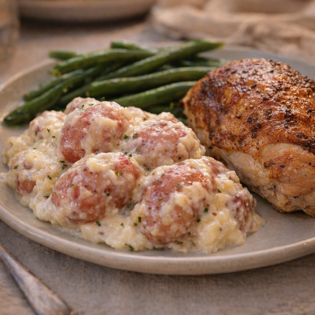 Creamy potatoes plated next to a simple weeknight dinner