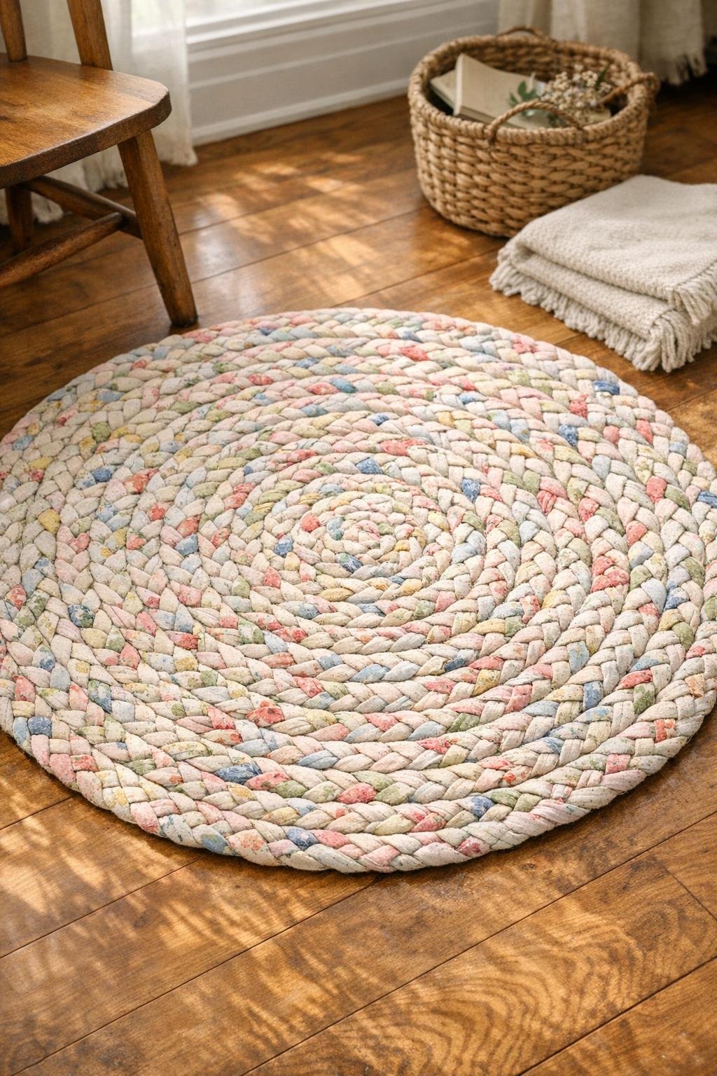 Finished round braided rag rug made from faded floral bed sheets styled in a cozy living room