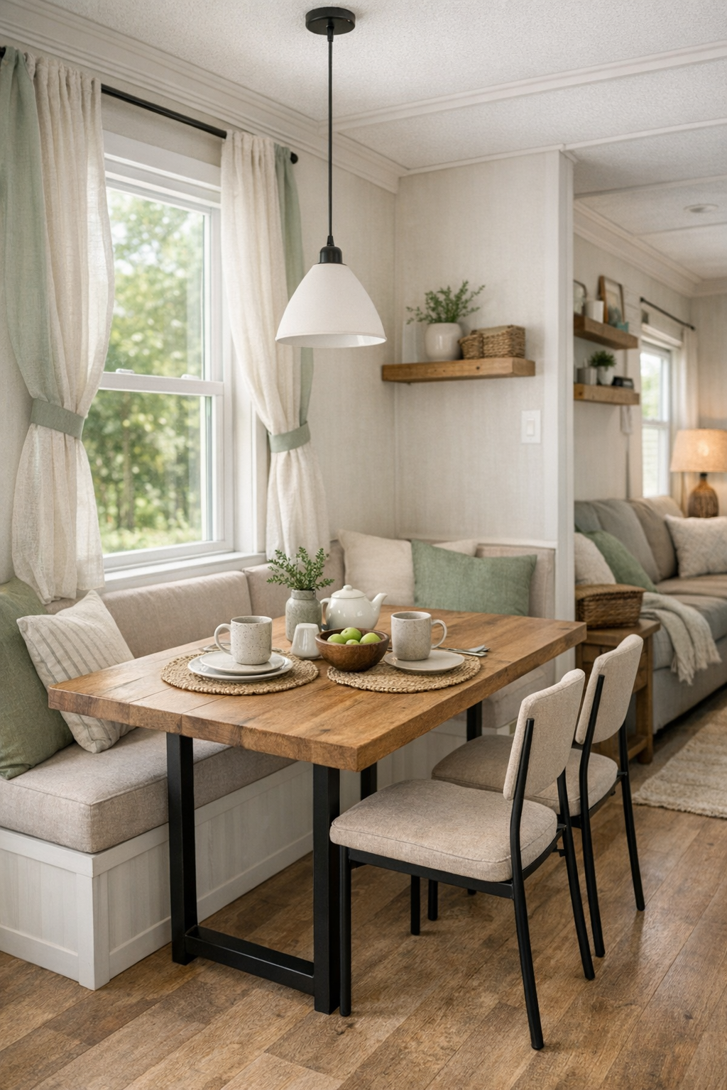 Cozy dining nook with a small wood table, slim chairs, and cottage-style lighting