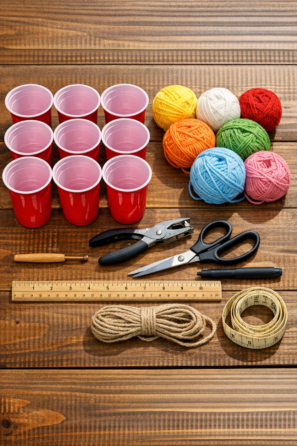 Materials for crochet solo cup garland laid out on a table