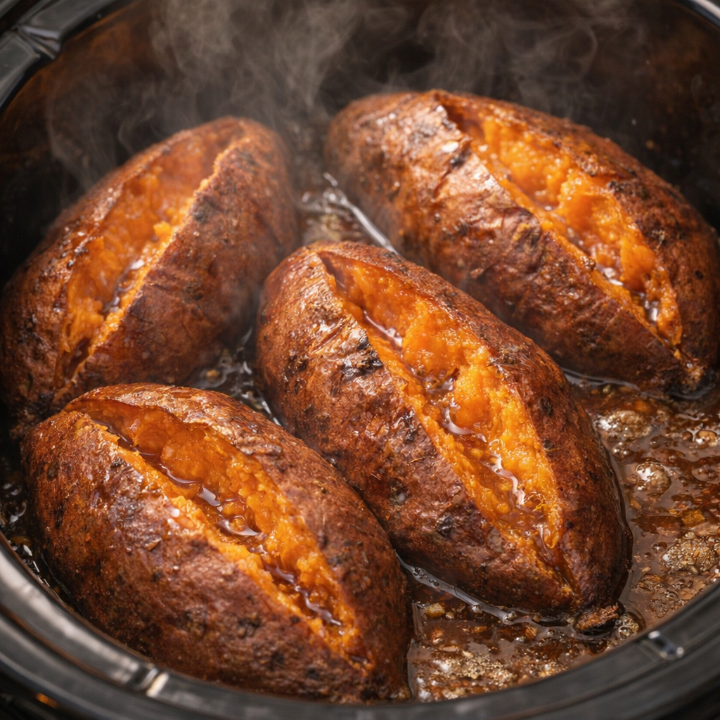 Cooked sweet potatoes split open with glossy sauce in the slow cooker
