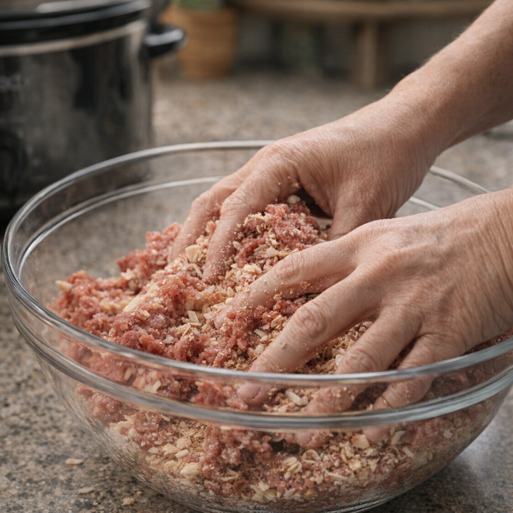 Ground beef and onion soup mix being gently combined in a mixing bowl