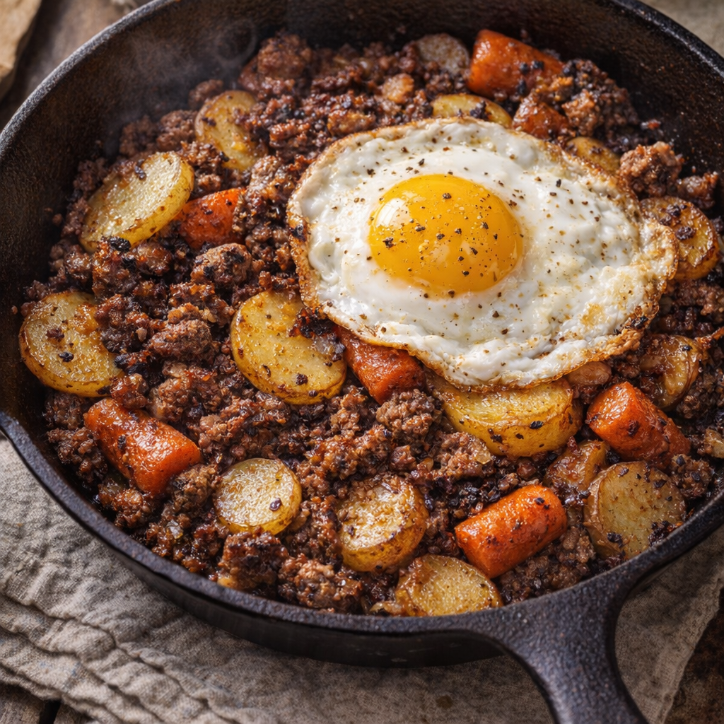 Leftover hobo dinner fried in a skillet with an egg