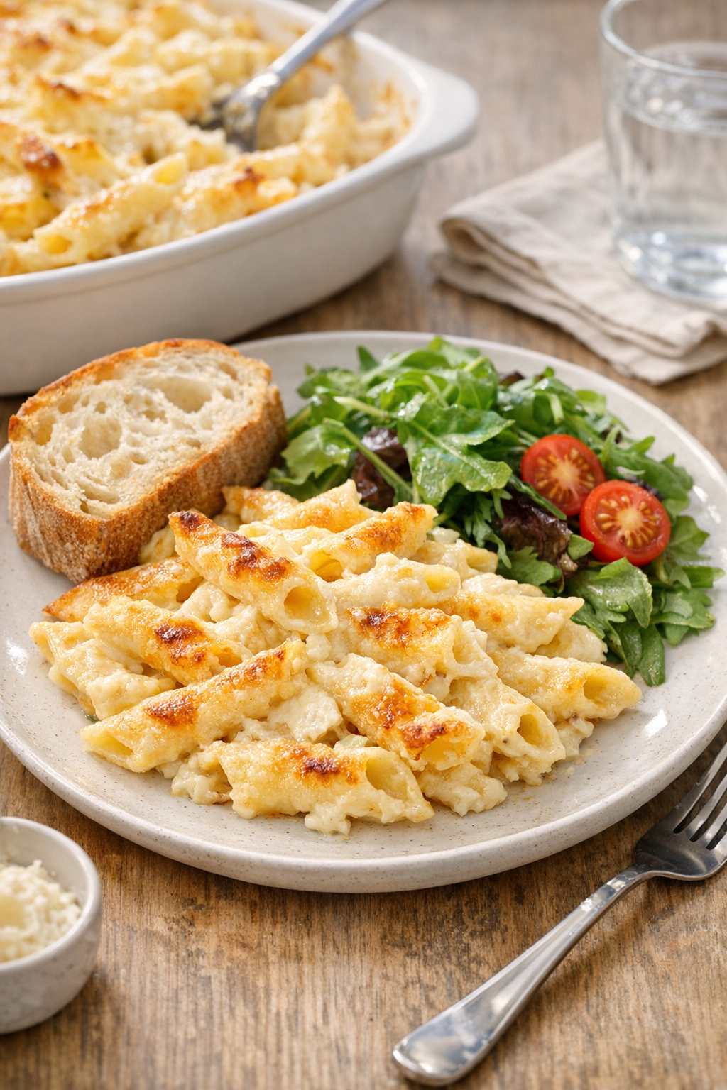 Finished baked penne plated with salad and bread
