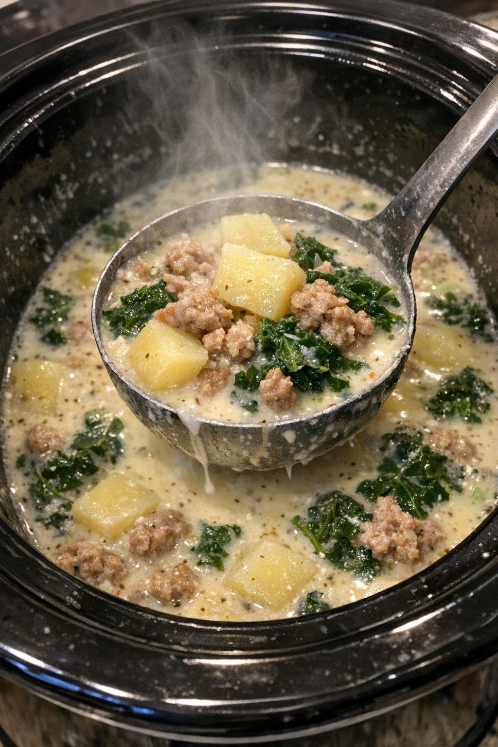 Close-up of creamy soup in a black slow cooker crock