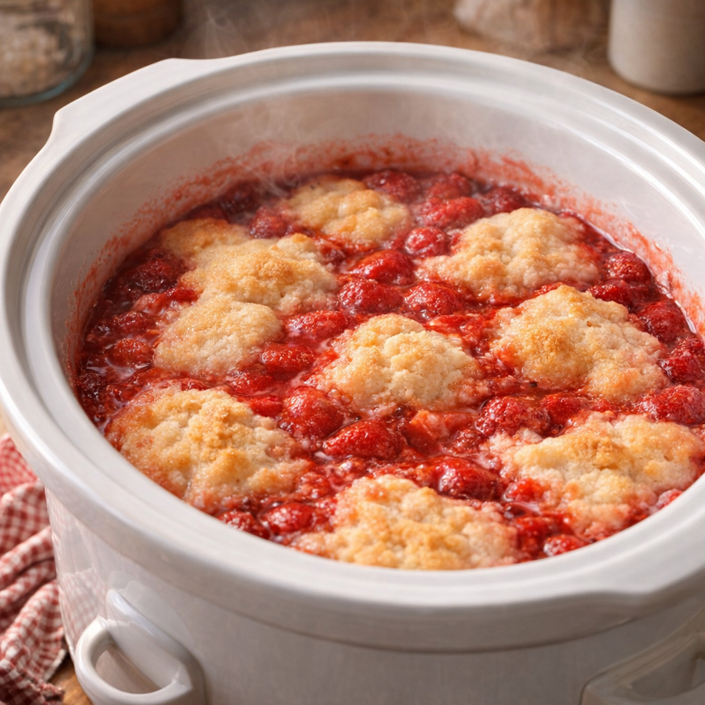 Finished strawberry cobbler bubbling in the slow cooker