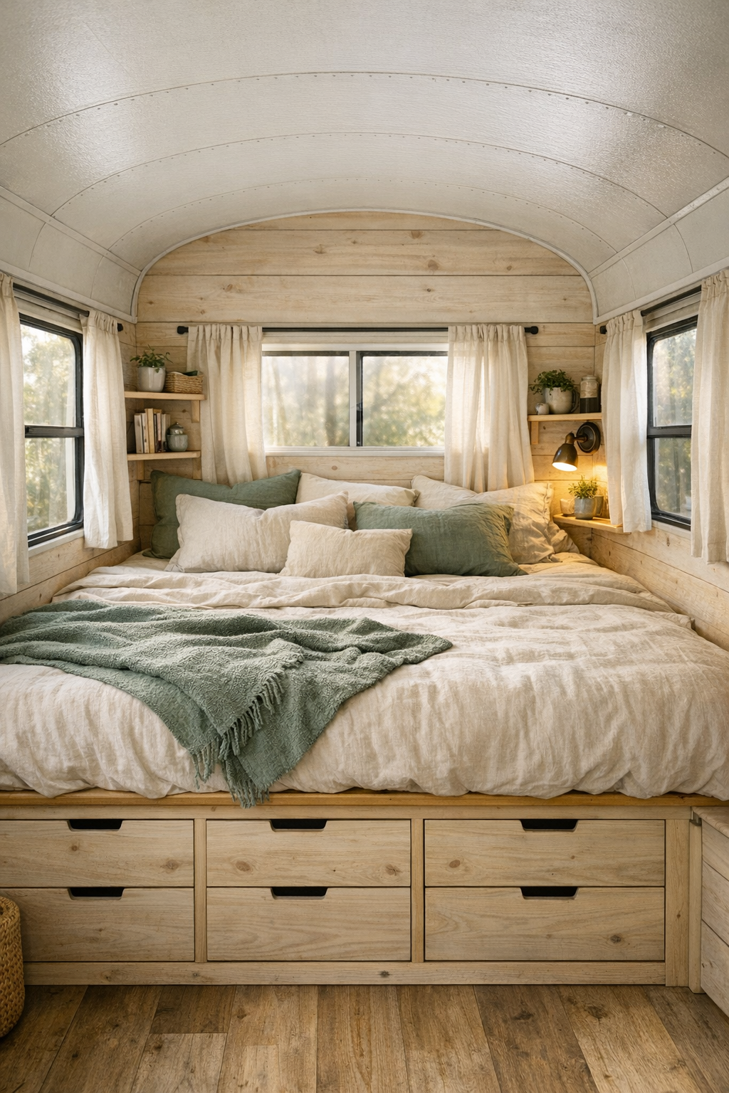 Cozy bus bedroom with a platform bed, pale wood walls, and layered linen bedding