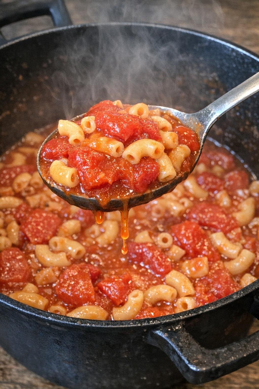 Finished macaroni and tomatoes in a black pot