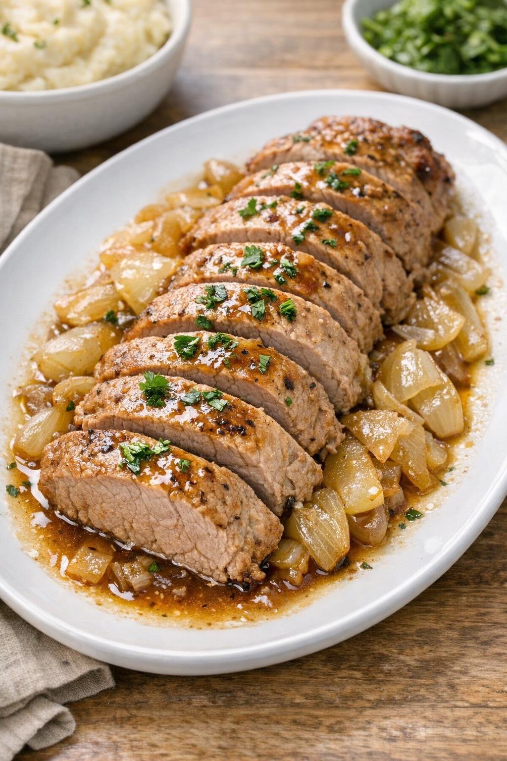 Finished sliced pork tenderloin on a platter with slow cooker juices