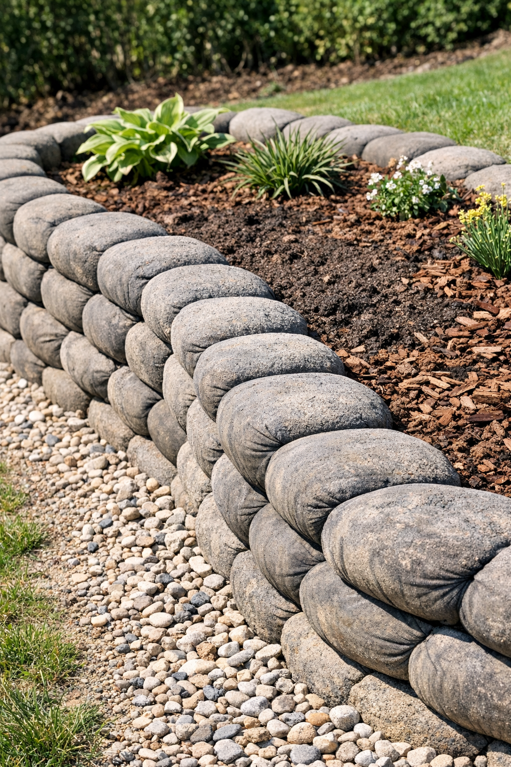 Finished DIY retaining wall made from nylon-formed concrete blocks
