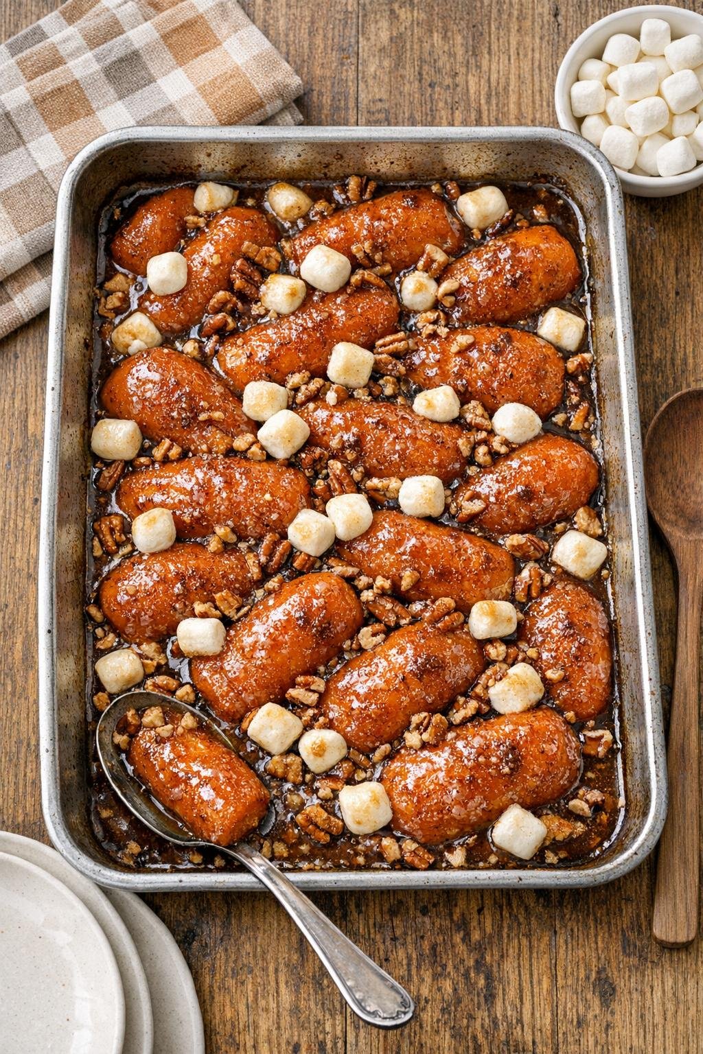 Finished baked yam dessert in a roasting pan