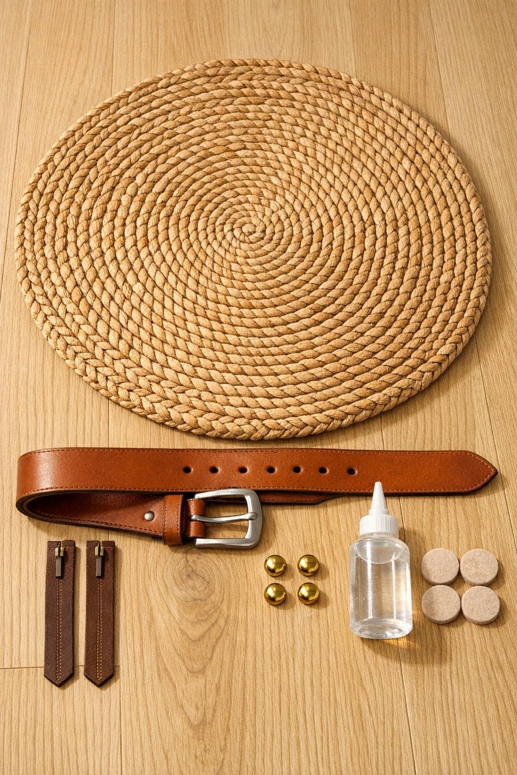 Materials for a seagrass placemat firewood holder laid out neatly