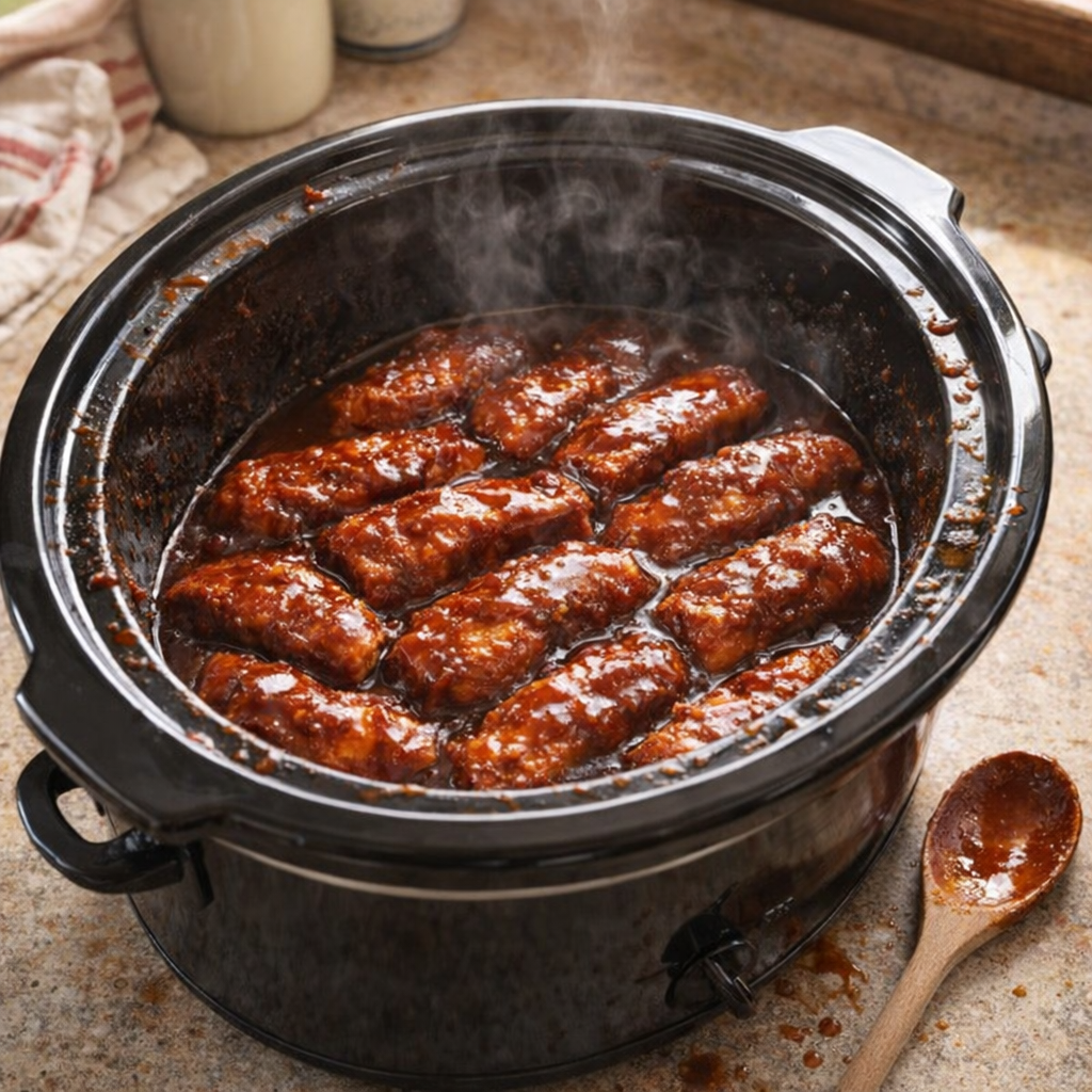Slow cooker pork ribs cooking in sauce on a country kitchen counter