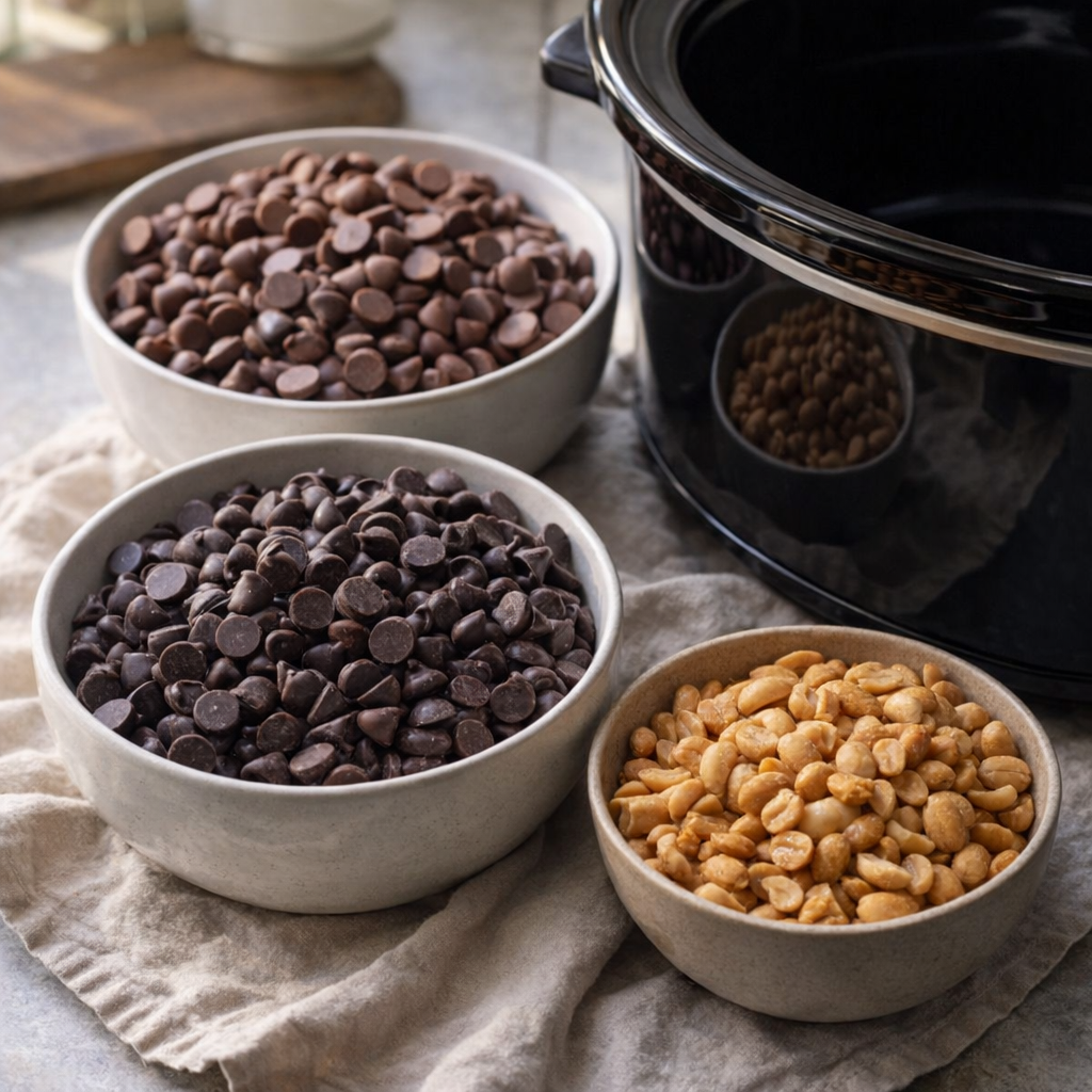 Baking ingredients arranged in simple bowls beside a slow cooker