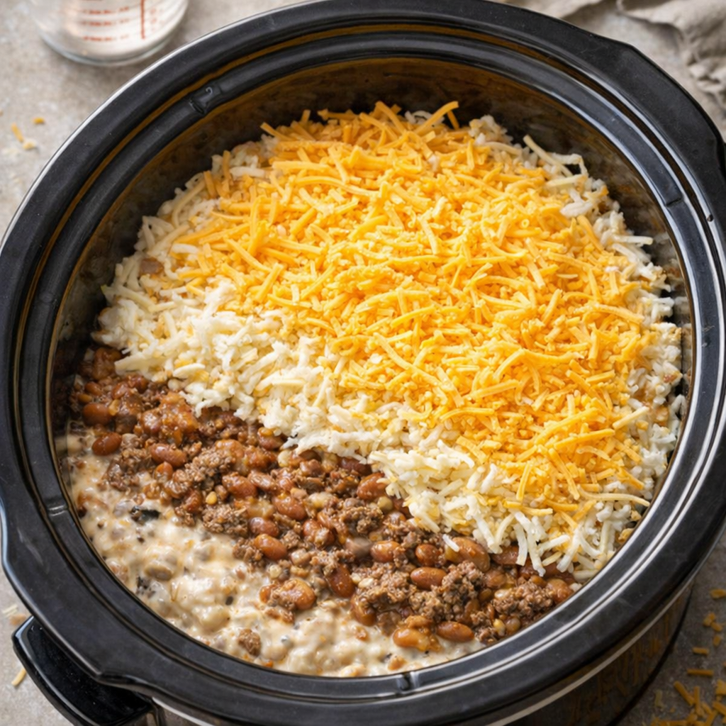 Uncooked cowboy casserole layered in a slow cooker