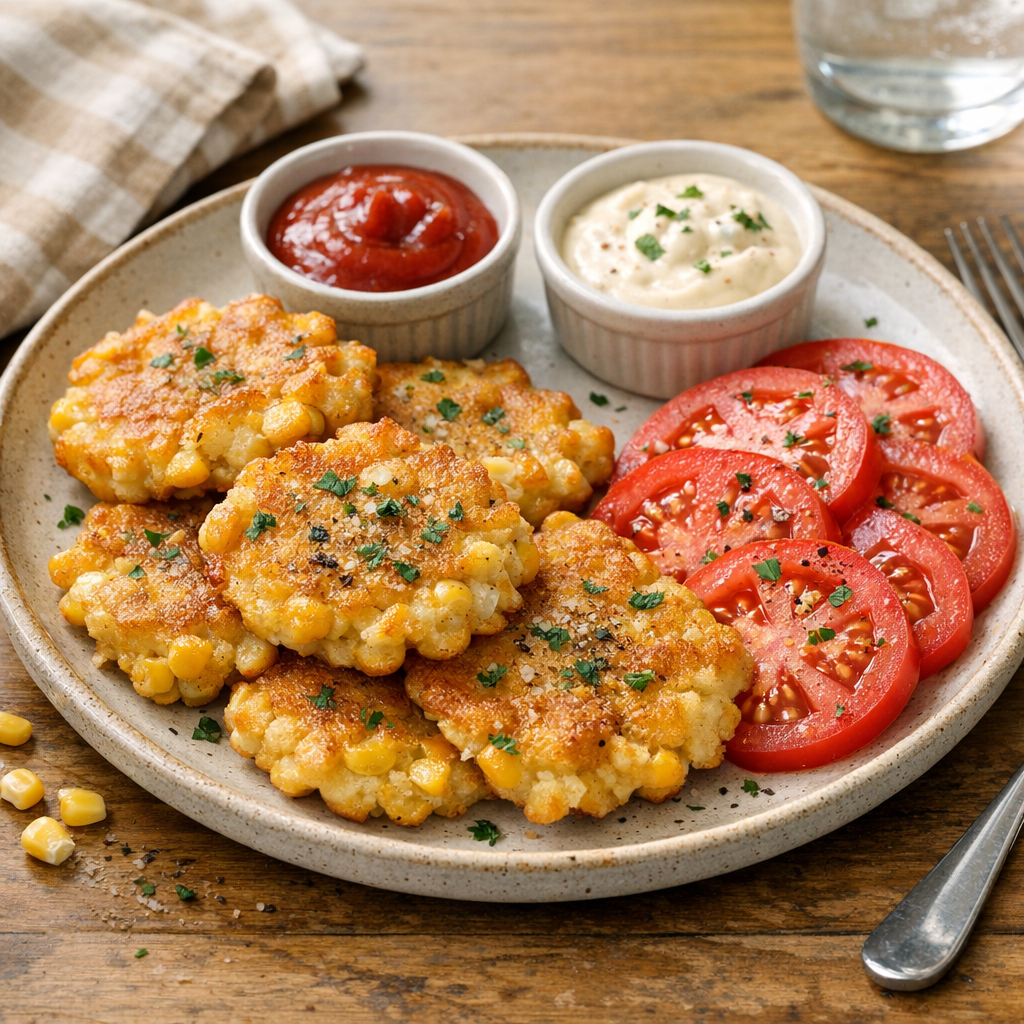 Maïsbeignets geserveerd met dipsauzen en tomaten.