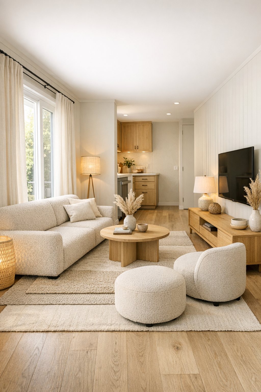 Bright accessible tiny home living room with cream tones and pale wood finishes