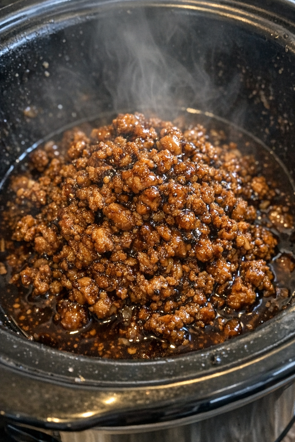 Steaming glazed crumbled pork in a slow cooker