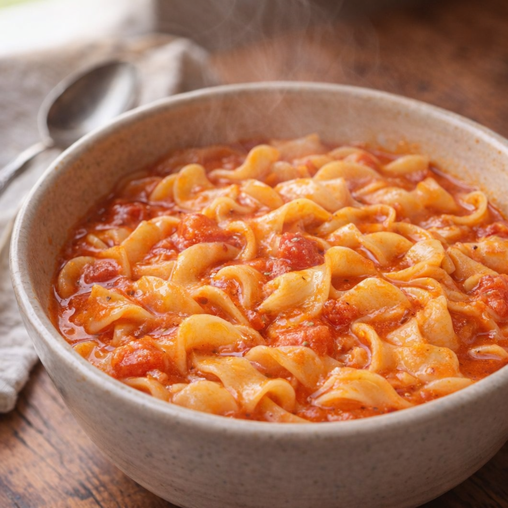 Finished tomato noodles served in a rustic bowl