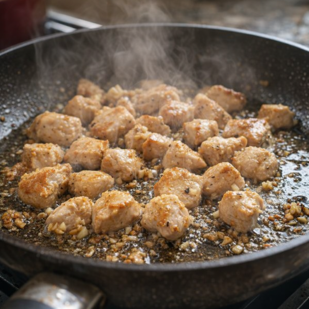 Chicken cooking in a skillet with garlic