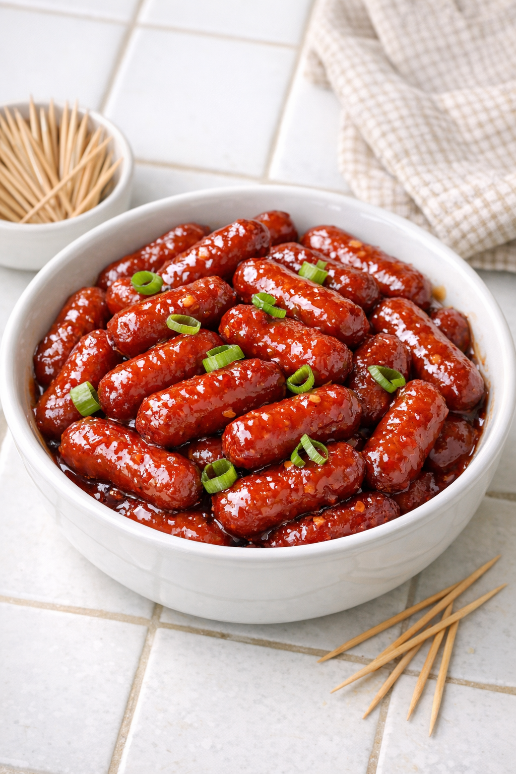 Finished sweet chili beef smokies in a serving bowl