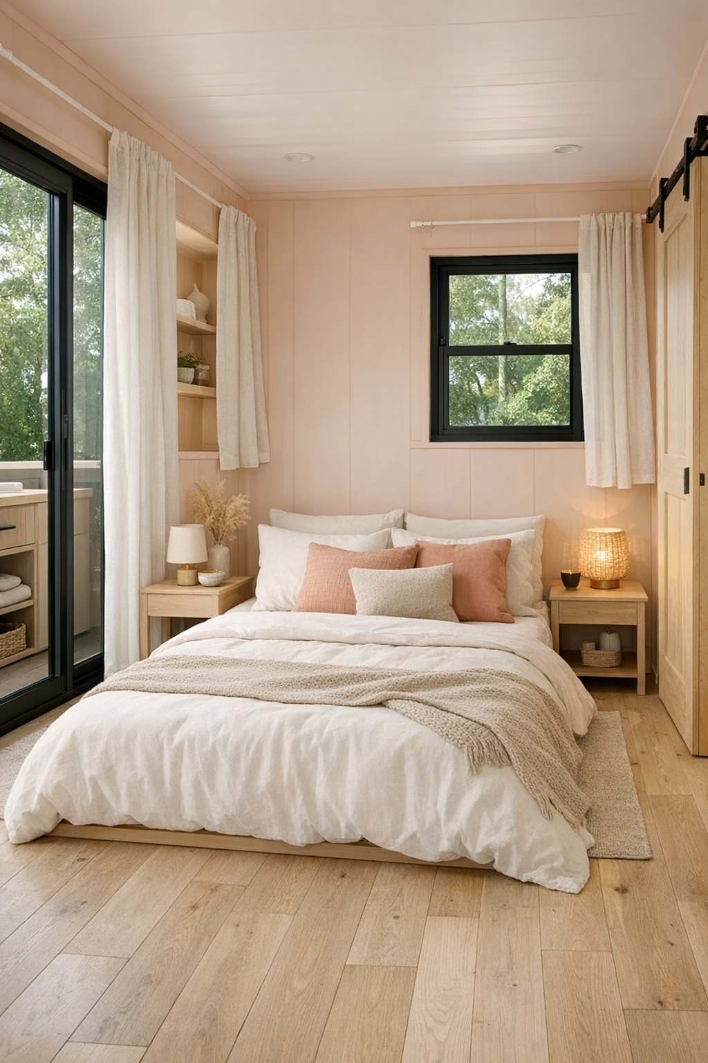 Serene bedroom with low bed, layered neutral bedding, and peach accents
