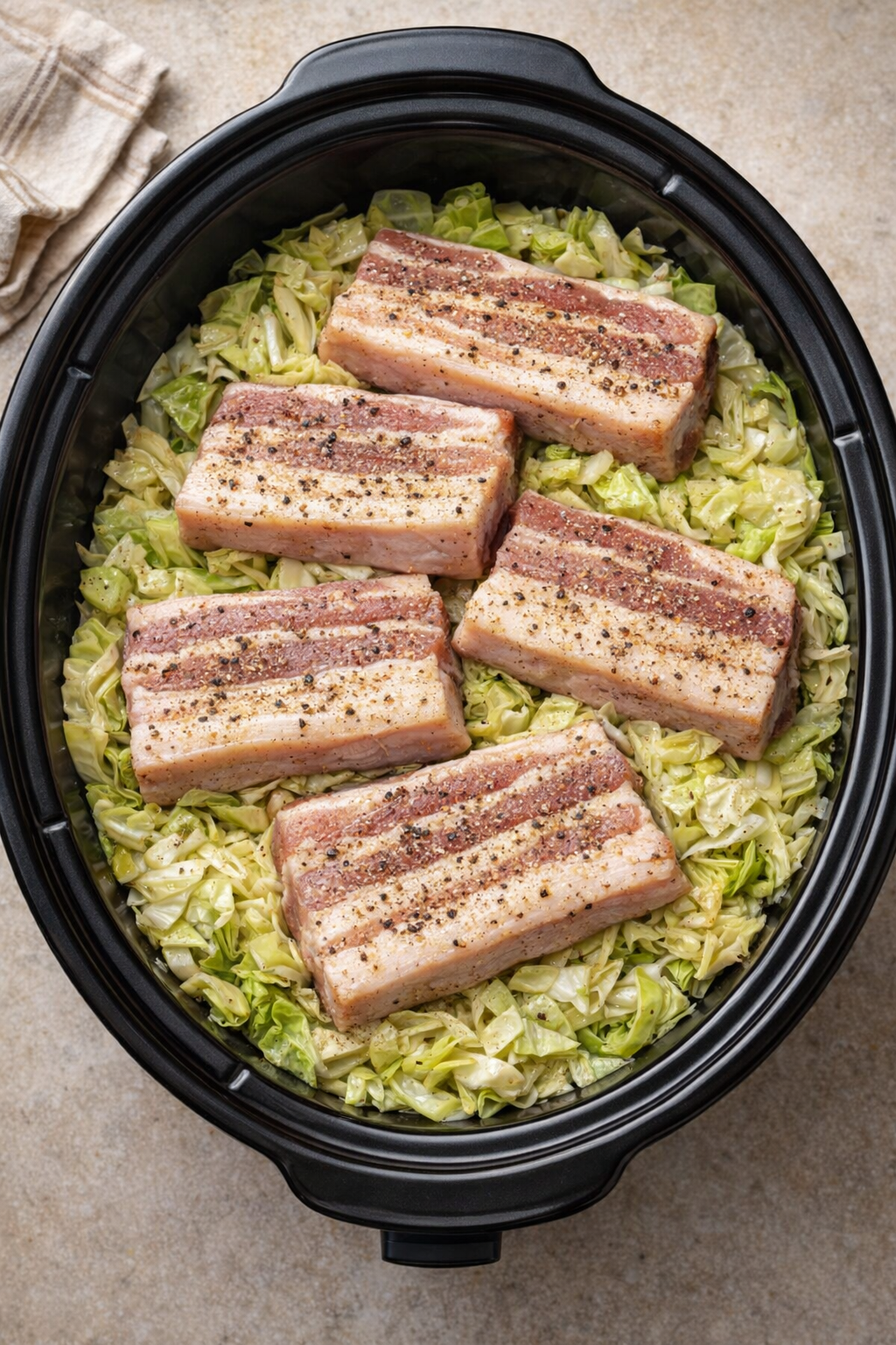 Slow cooker layered with cabbage and seasoned pork belly