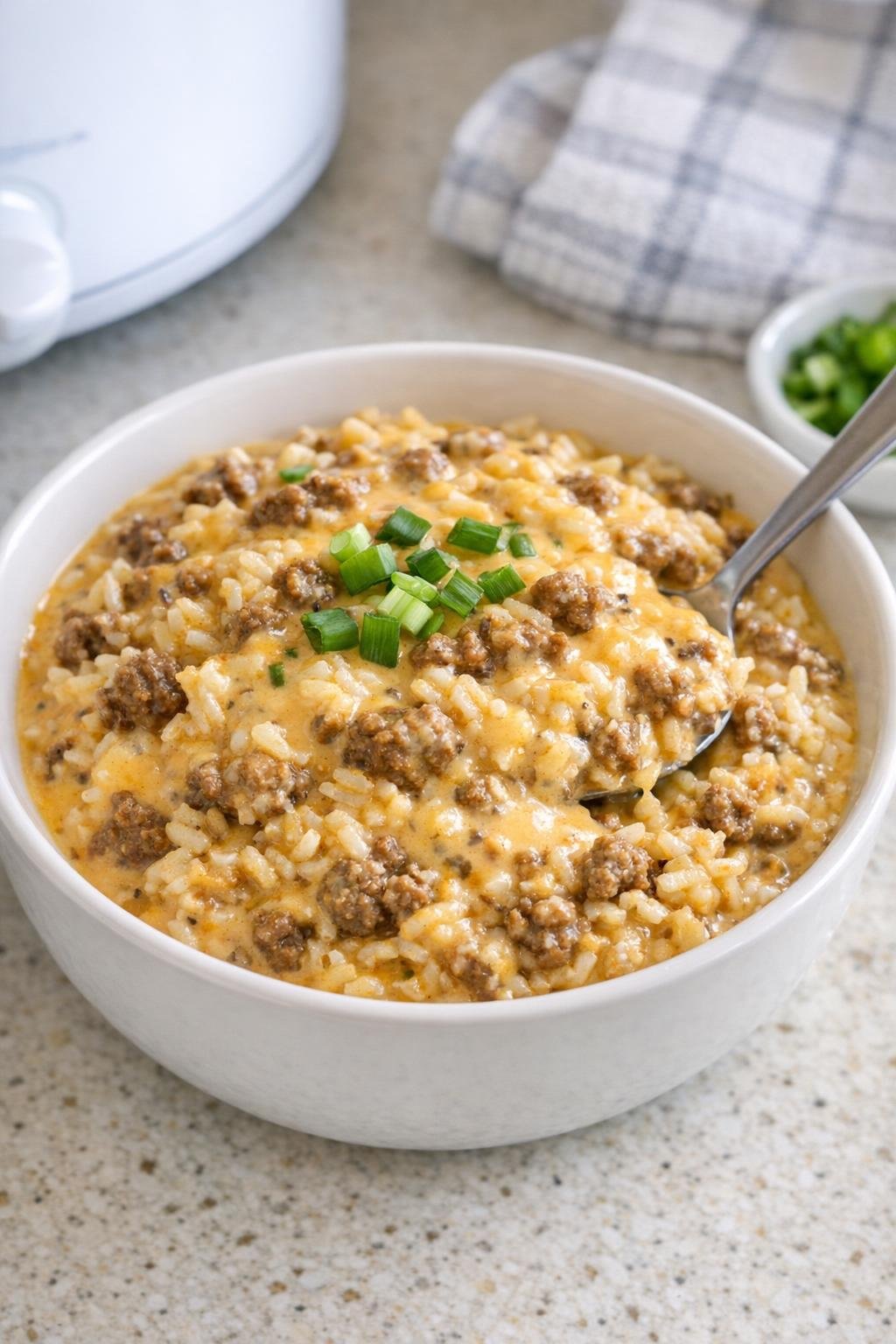 Finished queso beef and rice plated in a bowl