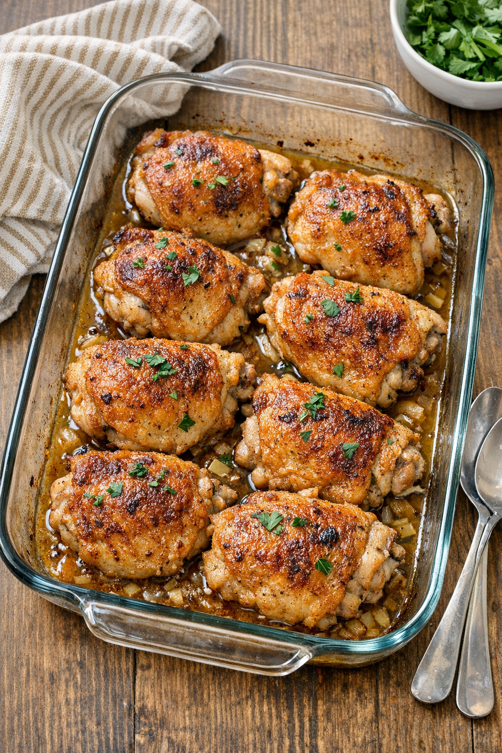 Baked chicken thighs in a glass casserole dish