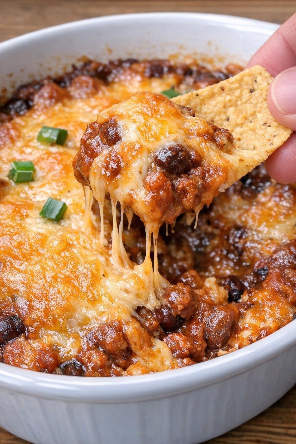 Close-up of chili Dunlap dip in a white casserole dish