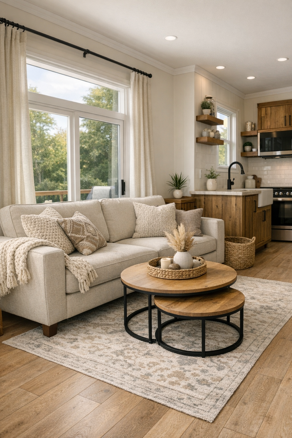 Bright modern farmhouse RV living room with oatmeal sofa, pale wood floors, and large windows