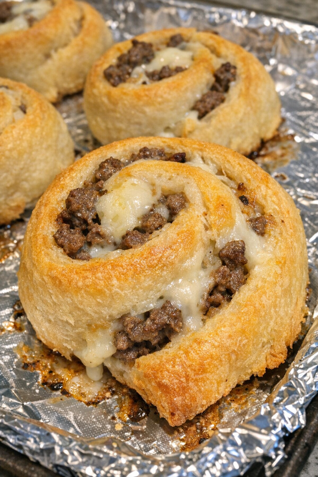 Oven baked beef crescent pinwheels on a foil-lined baking sheet