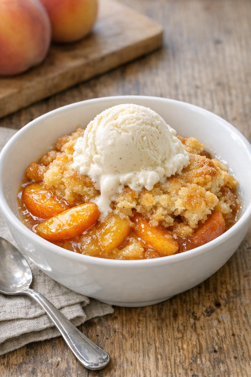 Warm slow cooker peach dessert served in a bowl