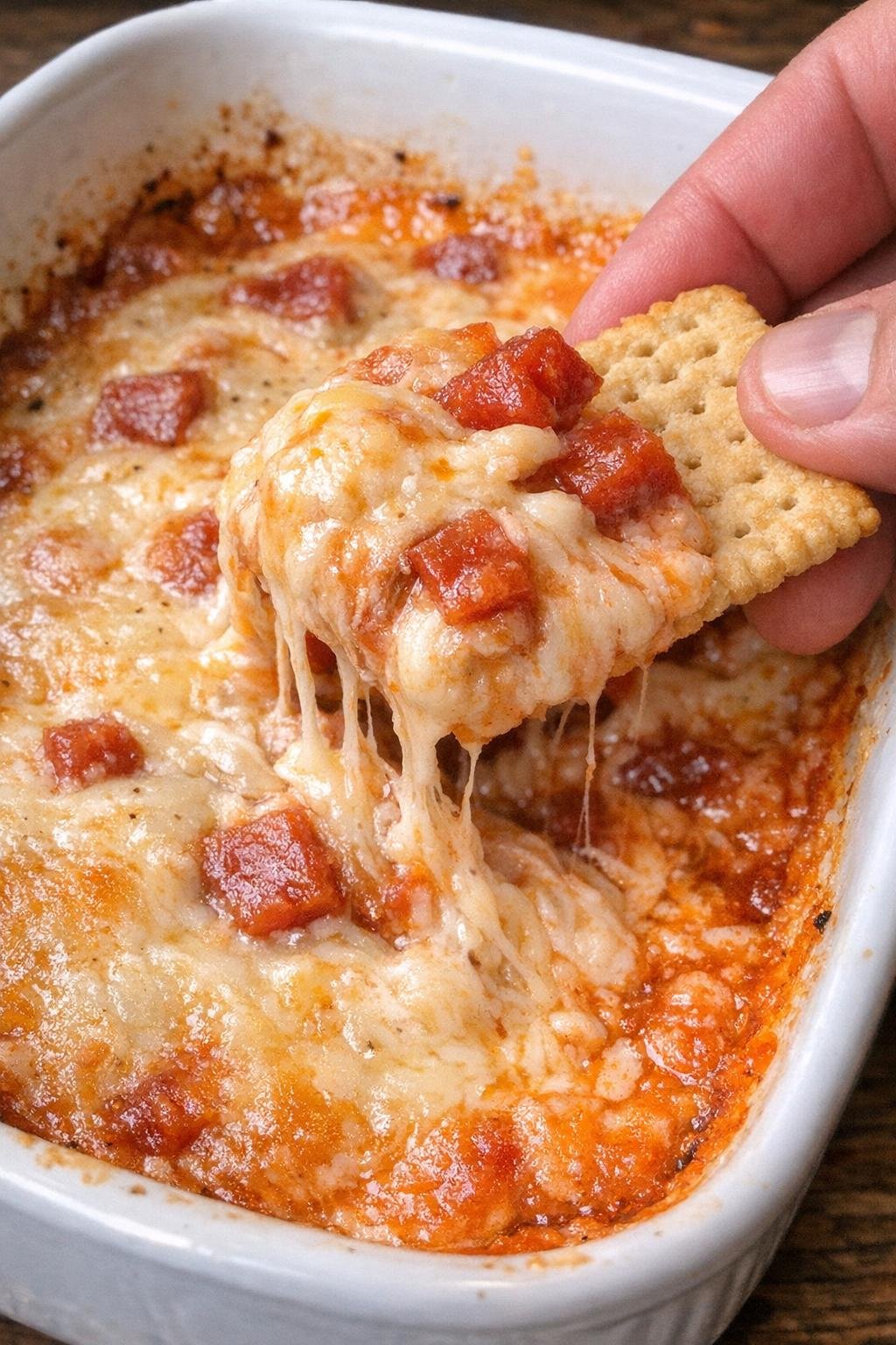 Finished pepperoni Wentworth dip in a white casserole dish